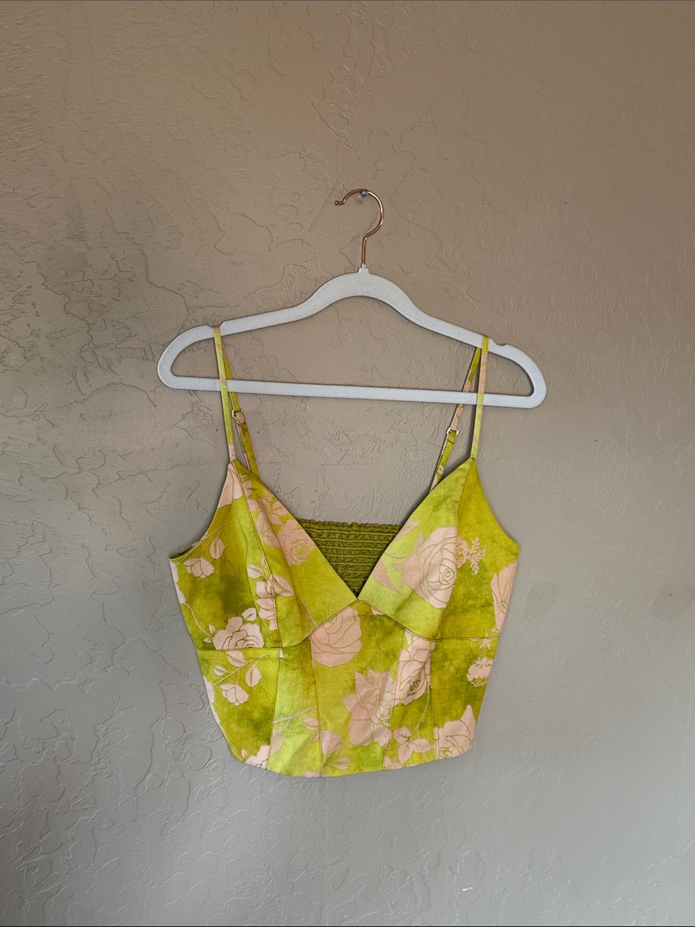Marciano Lime Green and Blush Floral Cropped V-Neck Cami